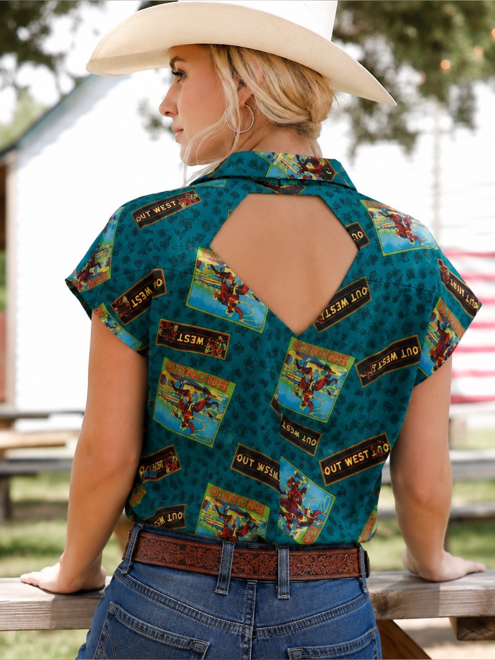 Vintage 90s Roughrider Circle T Western Bronco Cutout Back Camp Shirt USA S